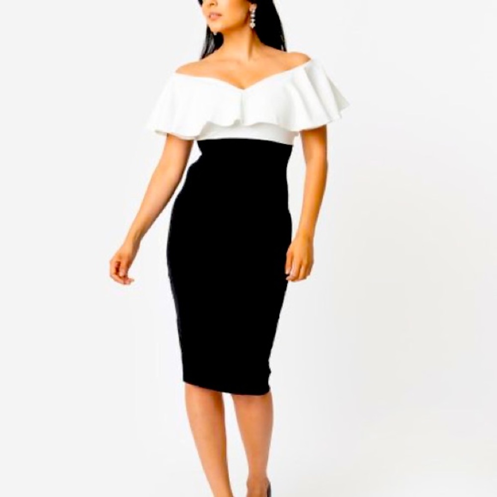Unique Vintage Off-Shoulder Two-Tone Midi Dress in Black and White
